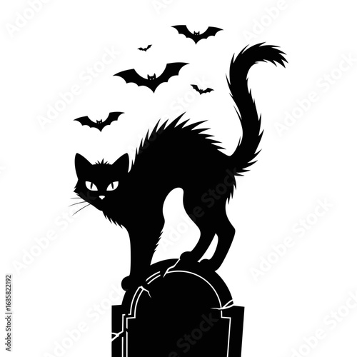 Vector art of silhouette of a black cat on a tombstone with bats flying around it, , perfect for halloween