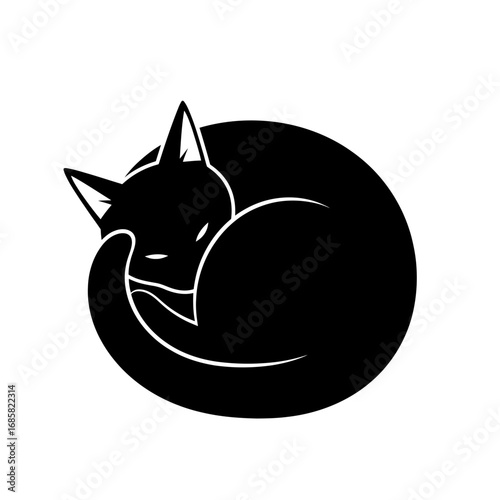 Vector art of black cat curled up in a ball, sleeping peacefully, a simple and elegant design for cat lovers