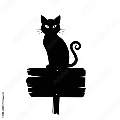 Vector art of black cat silhouette sitting on a wooden sign for halloween and other events