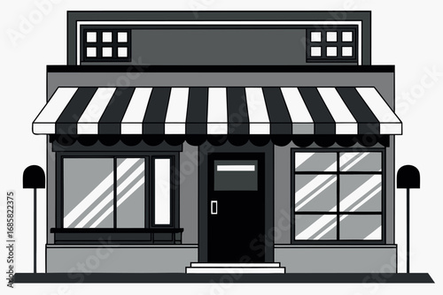 Cozy storefront with striped awning and large windows in an urban setting