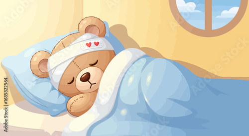 Sick Day Teddy Bear Recovering with Bandage and Comfort