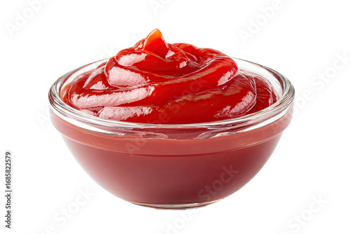 A small, clear glass bowl filled with a vibrant, glossy red ketchup.  The ketchup is piled high in the center, with smooth, swirled peaks