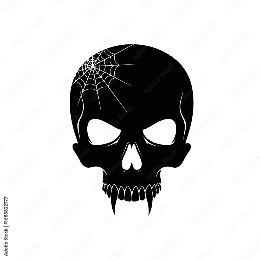 Fototapeta premium Vector art of black skull with spider web and vampire fangs for halloween or horror themes and graphic design projects