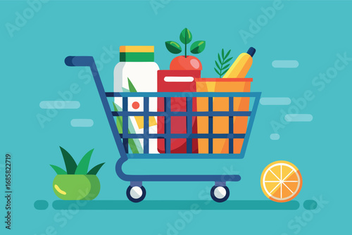 Grocery shopping cart filled with fresh produce and beverages in a bright setting
