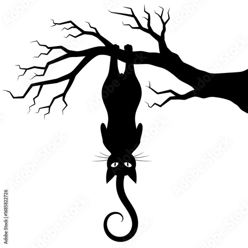 Vector art of a black cat silhouette hanging upside down from a tree branch, a spooky halloween illustration