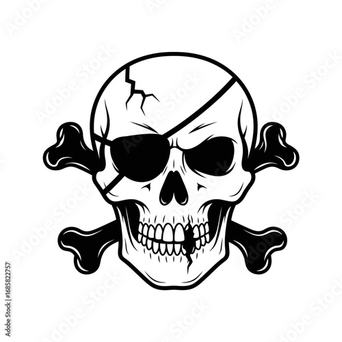 Vector art of skull and crossbones with eye patch, a symbol of piracy, danger, and death in a vintage style