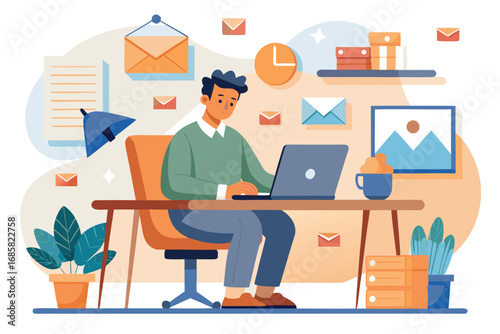 Man working diligently at a desk in a cozy home office setting during daytime hours