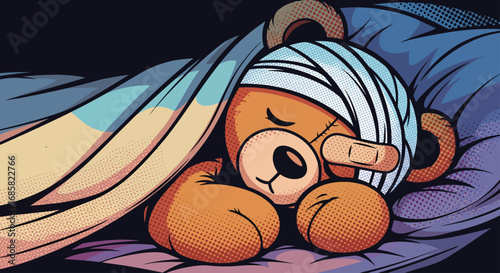 A Sick Teddy Bear Resting in Bed