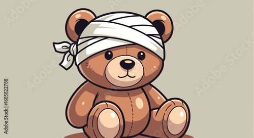 Sad injured teddy bear with a bandaged head