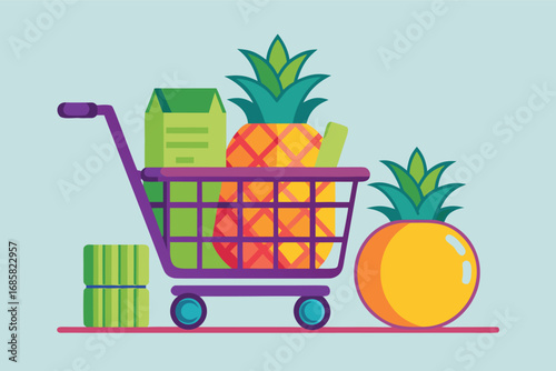A shopping cart is filled with fresh pineapples, green produce, and a bright orange
