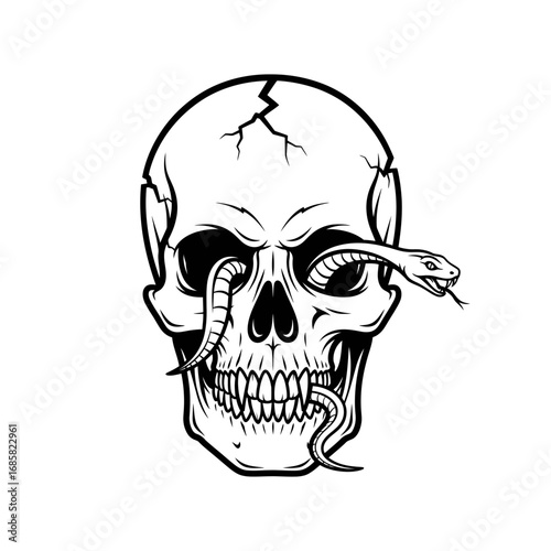 Vector art of skull with snake crawling out of eye, a symbol of death and decay in a macabre and gothic style