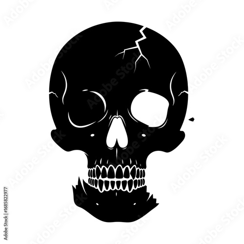 Vector art of cracked skull with missing eye, a stark and unsettling image of mortality and decay