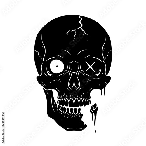 Vector art of a spooky black skull with a cracked head and an x on the eye, , perfect for halloween