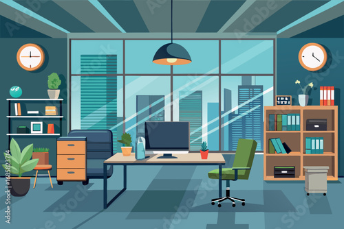 Modern office interior design with city view and plants during daytime