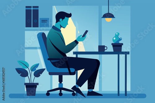 Engaged individual using smartphone in modern workspace during daytime