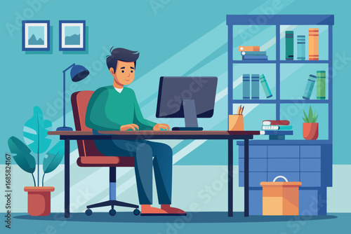 Person working at a desk in a modern home office during daytime with bright decorations