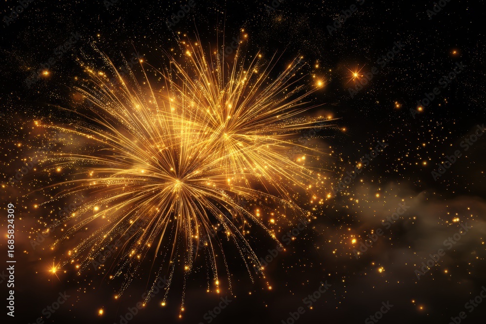 Fototapeta premium Luminous fireworks illuminate the night sky, creating a radiant constellation of golden sparks over the celebration in a bustling city during festive winter evenings