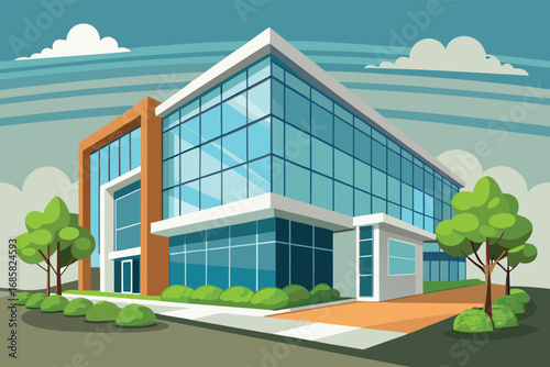 Modern office building in a city with clear skies and lush greenery around