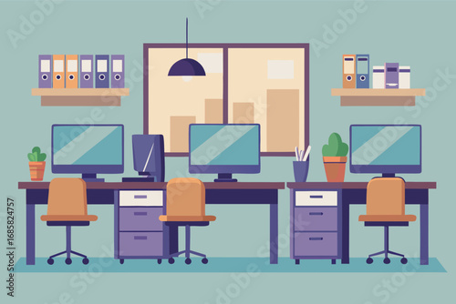 Modern office workspace with multiple computer stations and organized shelves