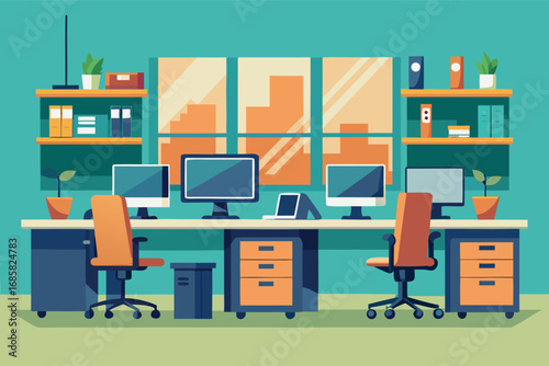 Modern office workspace with multiple computers and organized shelves in a vibrant setting