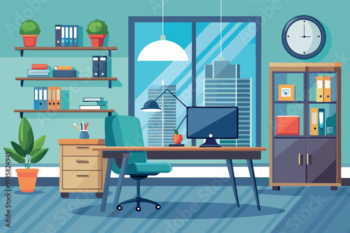 Modern office workspace with stylish furniture and city view during daylight hours