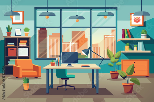 Modern office interior design featuring plants and city view during daytime
