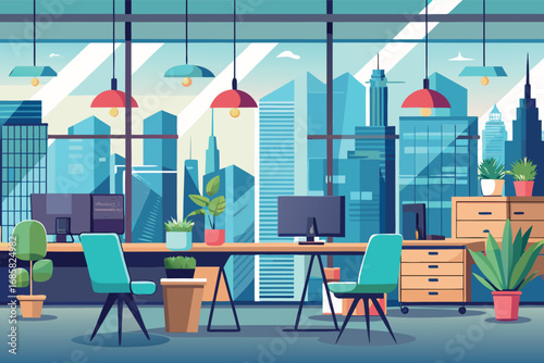 Modern office interior with city skyline view and vibrant decor in bright daylight