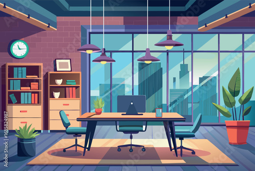 Modern office interior with city view and stylish decor during daylight hours