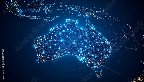 A digital representation of Australia, highlighting its major cities and connectivity.  A network of light-blue lines connects points of light, suggesting a global network or communication system