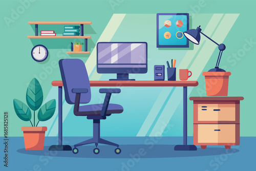 Modern home office setup featuring desk, computer, and plants for a productive workspace