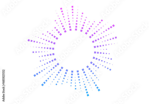 Neon dotted radial equalizer forming a circular sound wave. Modern vector design for music visualization, radar, or voice recognition.