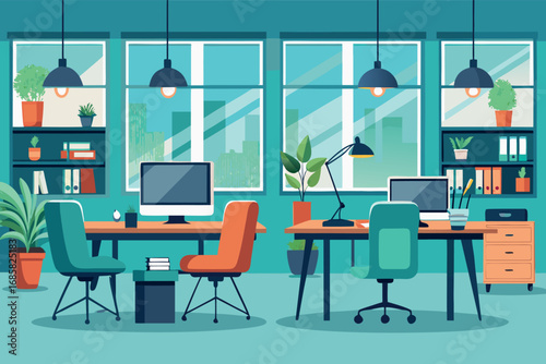 Modern office workspace with plants and bright windows in an urban setting