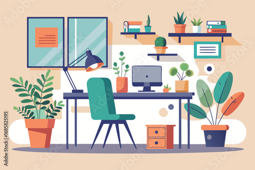 Stylish workspace design with plants and modern decor for productivity enhancement