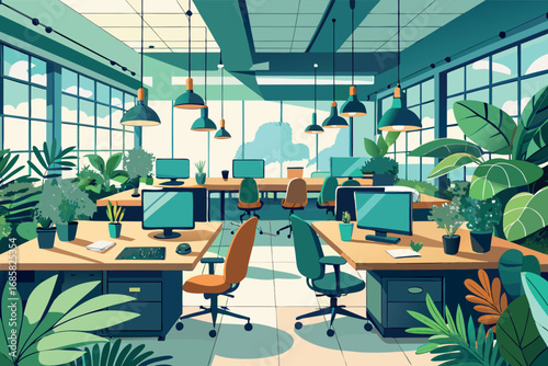 Modern office interior design with greenery and natural light creating a vibrant workspace