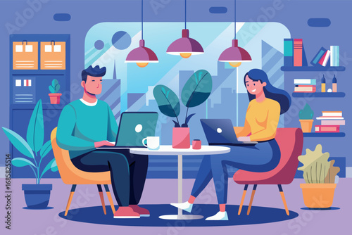 Collaboration between two colleagues working at a modern office space during the day