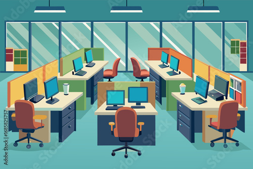 Modern office workspace with multiple desks and computers in a collaborative environment