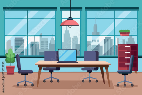 Modern office interior with panoramic city view during daylight hours