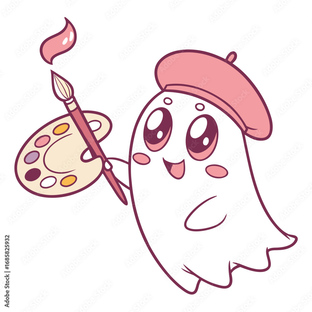 Obraz premium Cute Ghost Artist Character with Beret Holding Paint Palette and Brush kawaii