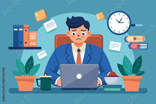 Stressful work environment with a man at a desk surrounded by paperwork and a clock ticking away