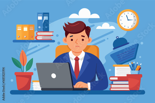 Man working at a desk surrounded by books and office supplies during daytime