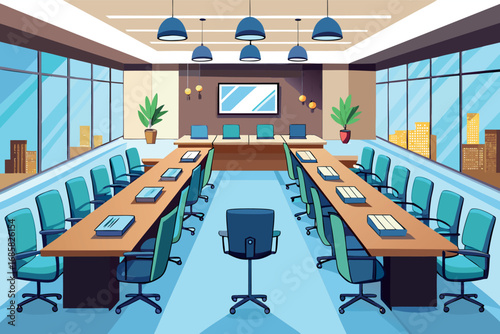 Modern conference room with panoramic city view and ample seating for meetings