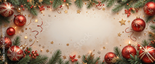Elegant Christmas holiday festive decorations with pine greenery, red and gold ornaments, sparkling garland, seasonal background, and joyful winter celebration theme