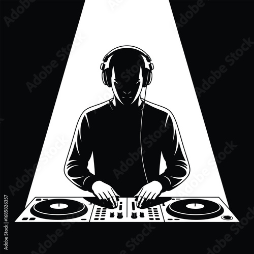 A young female DJ in headphones mixing music on a turntable at a vibrant party in a nightclub