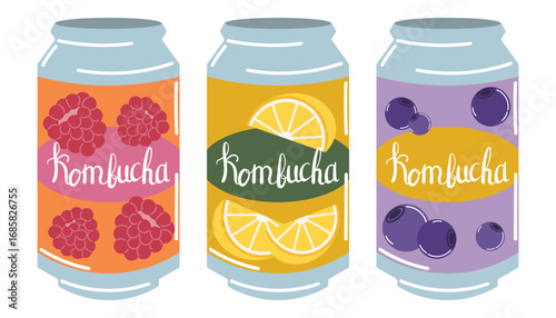 Kombucha tea drink set in aluminum cans with three flavors - raspberry, lemon, blueberry in flat cartoon style.