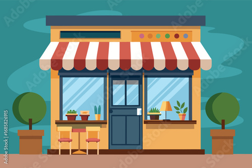 Colorful storefront with striped awning and plants in sunny outdoor area