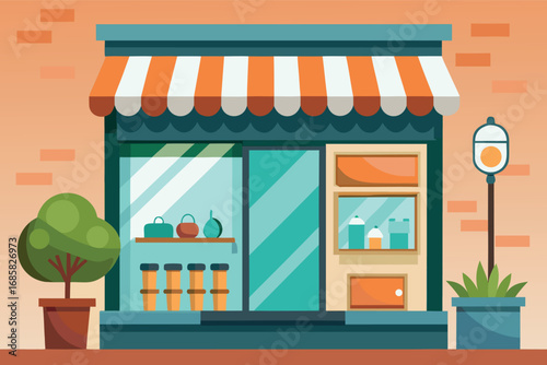 Colorful storefront with striped awning and potted plants during sunset