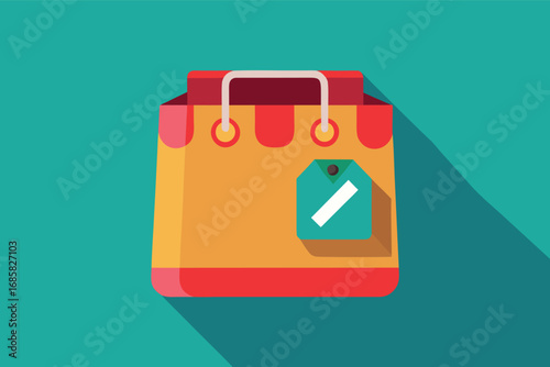 Colorful shopping bag with price tag displayed against a teal background