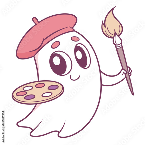 Friendly ghost artist with beret holding paint palette and brush Keywords: ghost, artist, painting, art