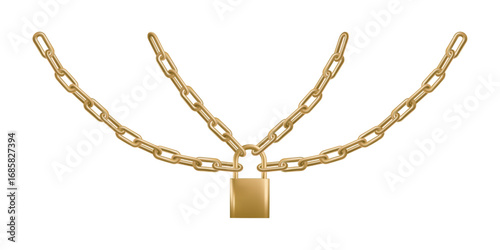 Golden chains wrapped around and locked, 3d render for closed website link. Weak or strong link. Metal hanging luxury padlock for blocked protected content. Secret item concept, high risk closed door