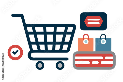 Shopping cart with items indicating online purchase success and confirmation